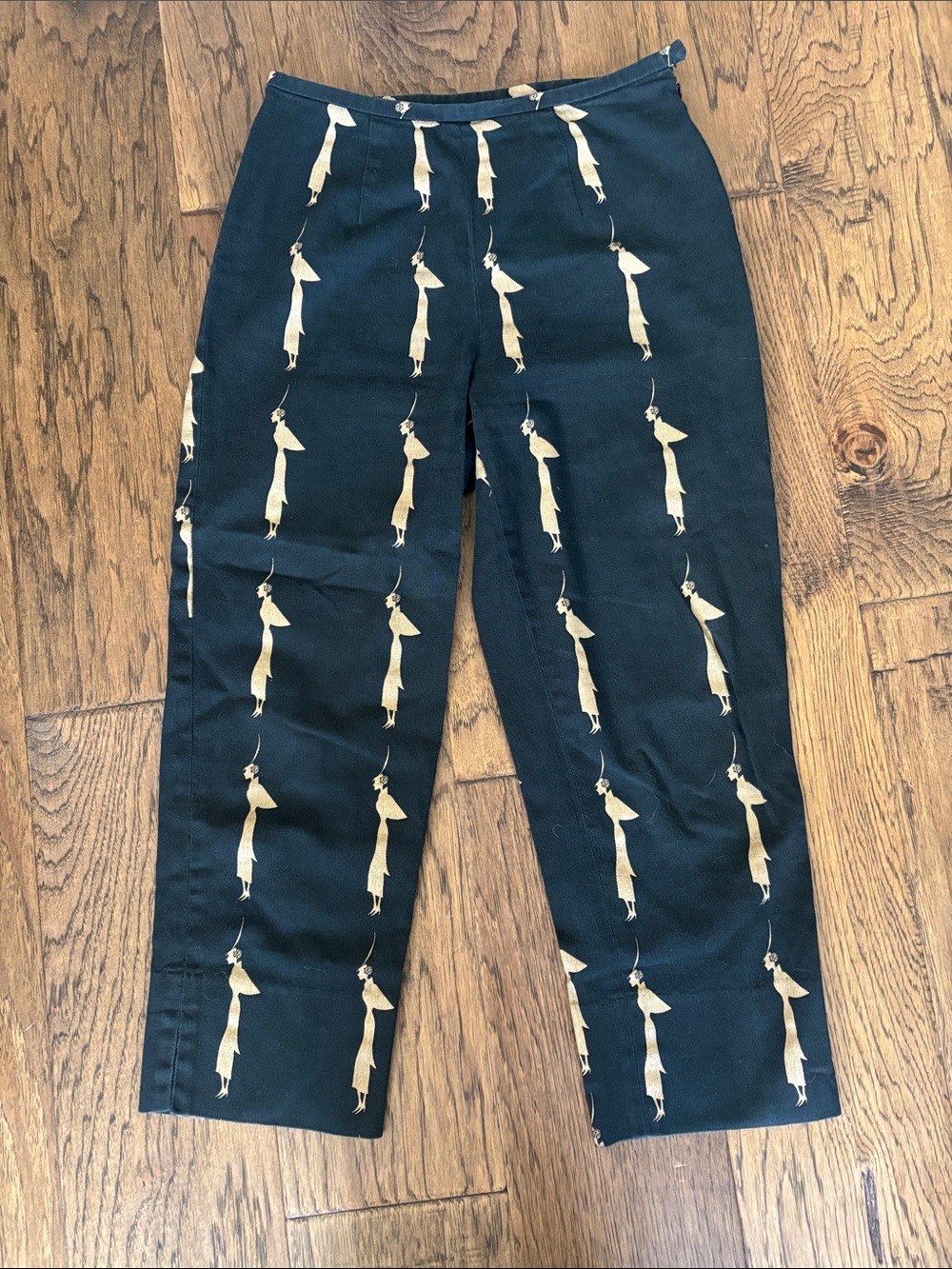 Vintage Black Cigarette Capri Pants with Tan Fashion Model Graphic Print